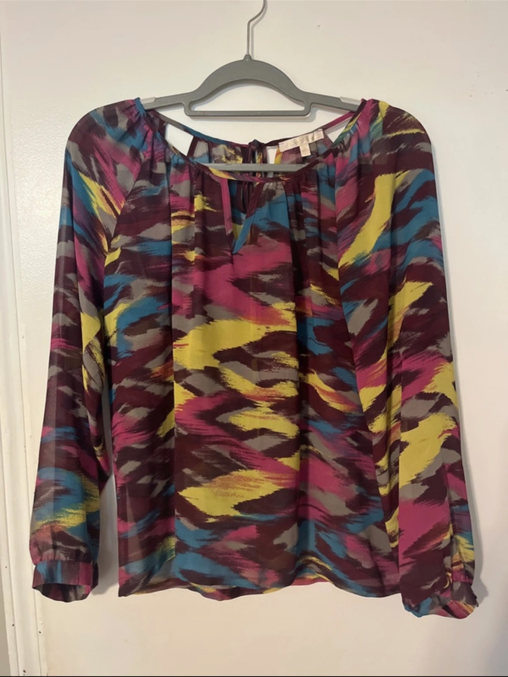 Under Skies Multicolor Printed Long-Sleeve Blouse — Yellow, Pink, Blue, Wine